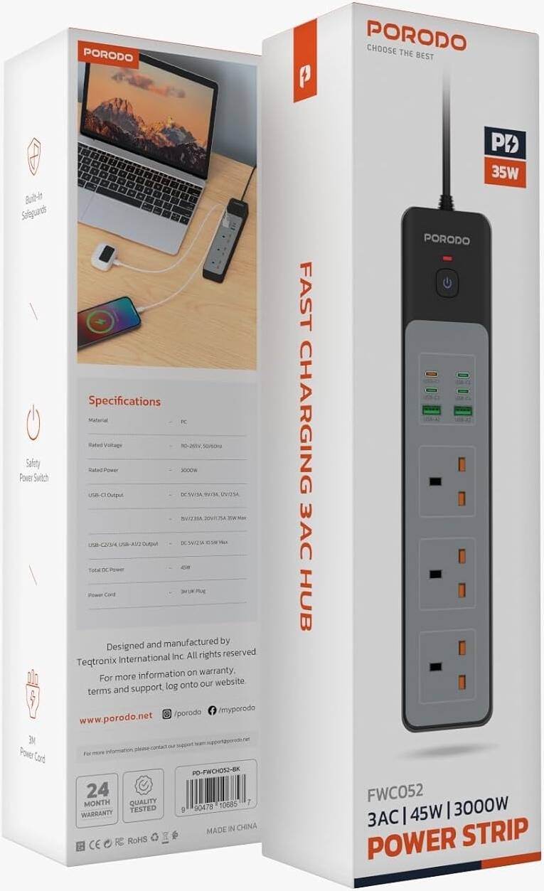 Porodo 3AC | 45W | 300W Power Strip - Black