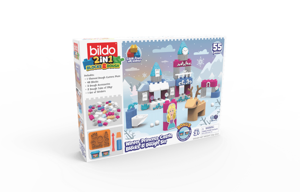 Bildo 2-in-1 Winter Princess Castle – Blocks & Dough Set (55 pcs)